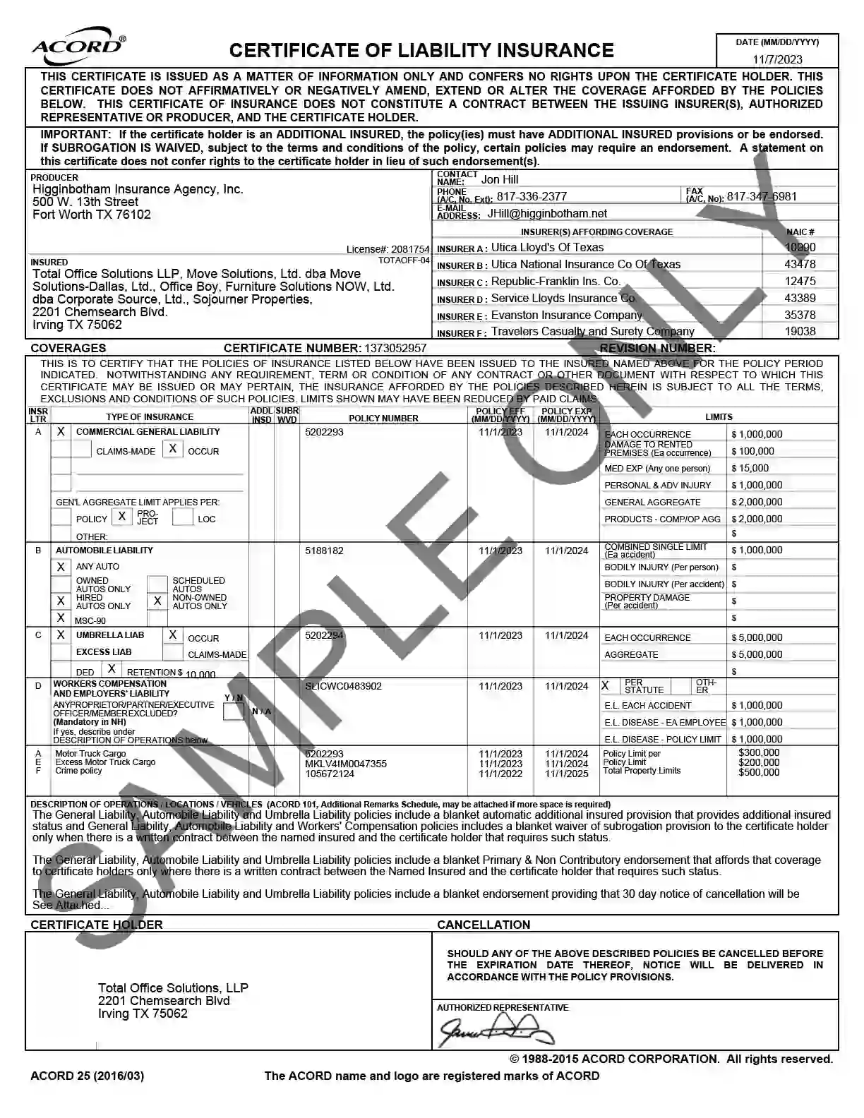 Certificate of Insurance (COI) sample